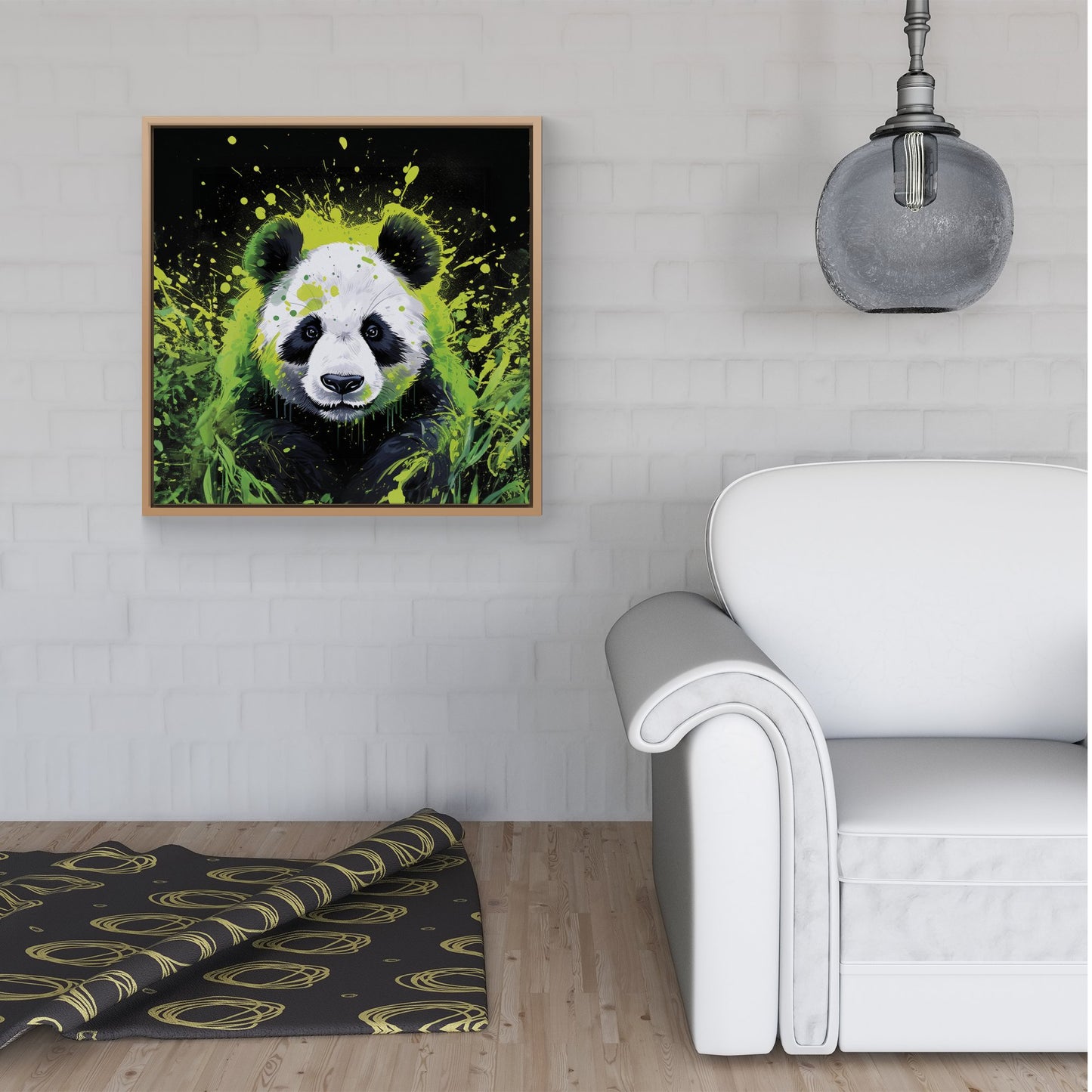 Green Splashart Panda Face Framed Canvas