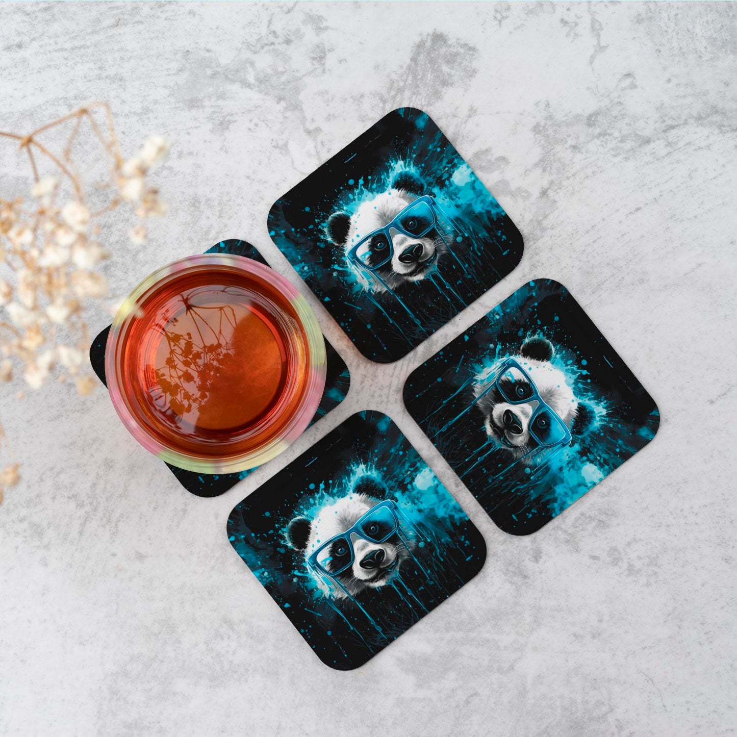 Blue Splashart Panda Face Coasters