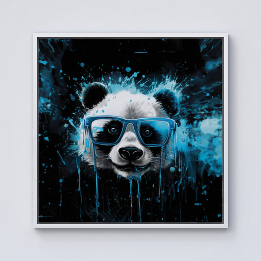 Blue Splashart Panda Face Framed Canvas