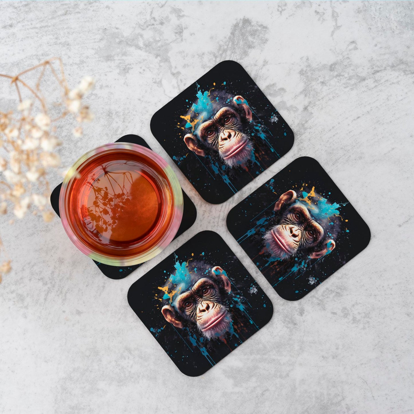 Monkey Face Splashart with Blue Coasters