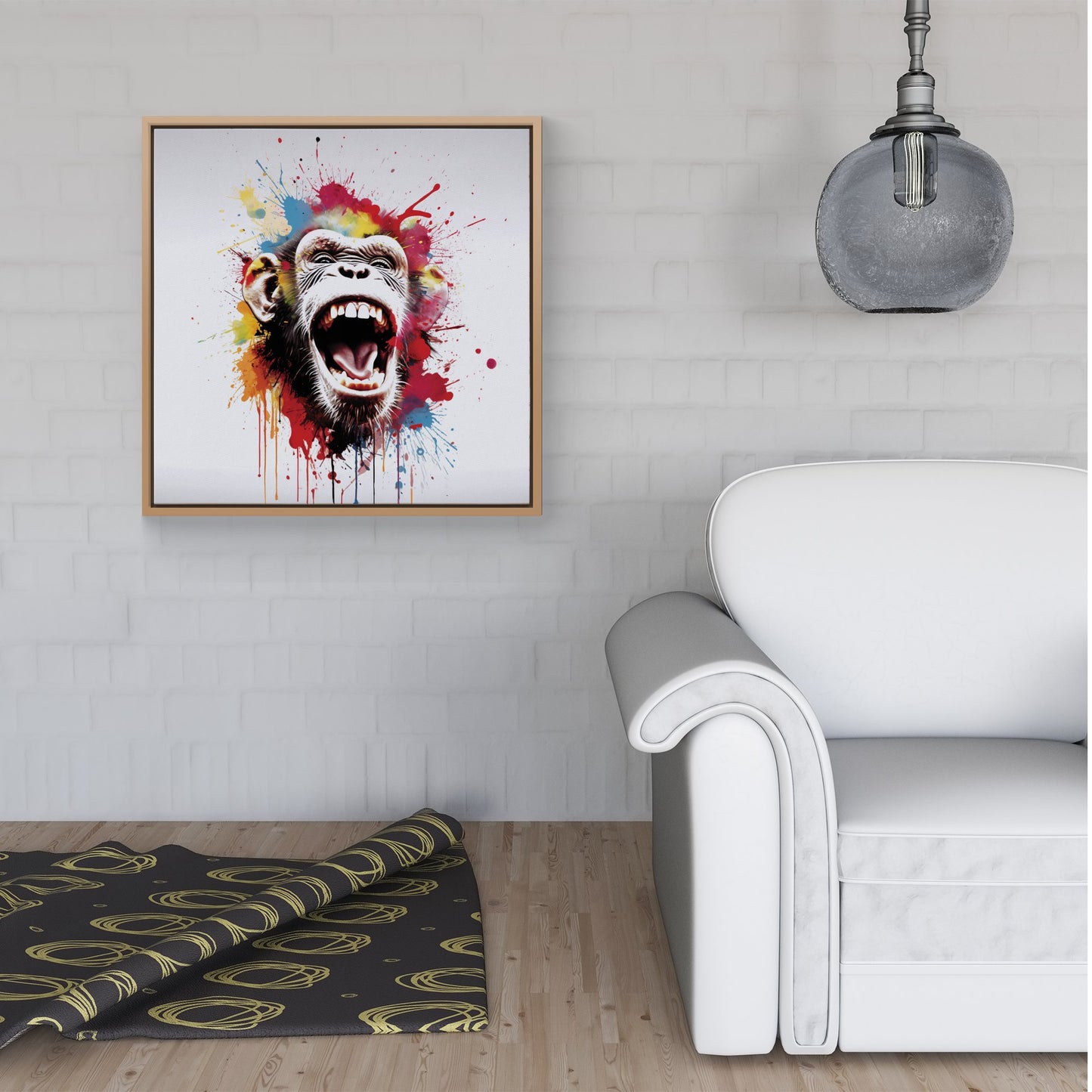 Coloured Splashart Crazy Monkey Face Framed Canvas