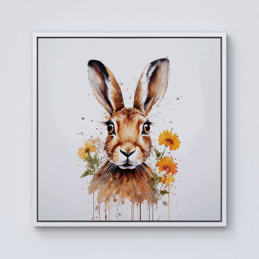 Watercolour Hare and Daisies Framed Canvas