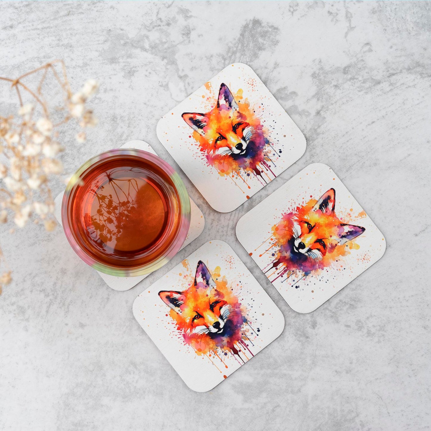 Watercolour Splashart Fox Face Coasters