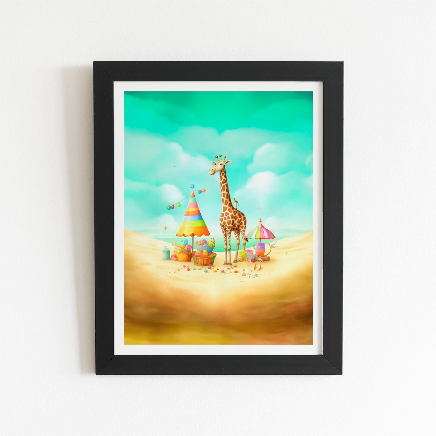 Giraffe On A Beach Holiday Art Prints