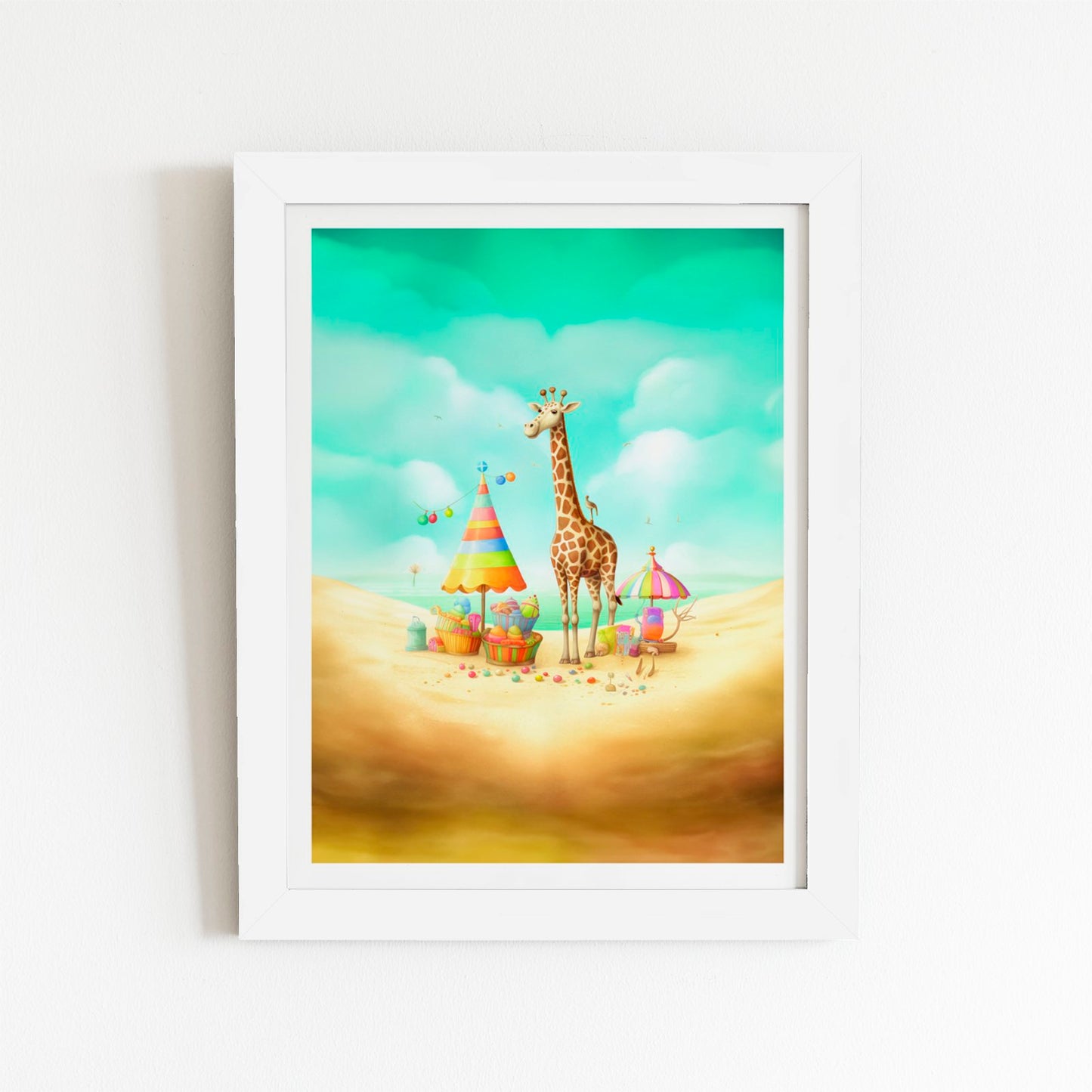 Giraffe On A Beach Holiday Art Prints