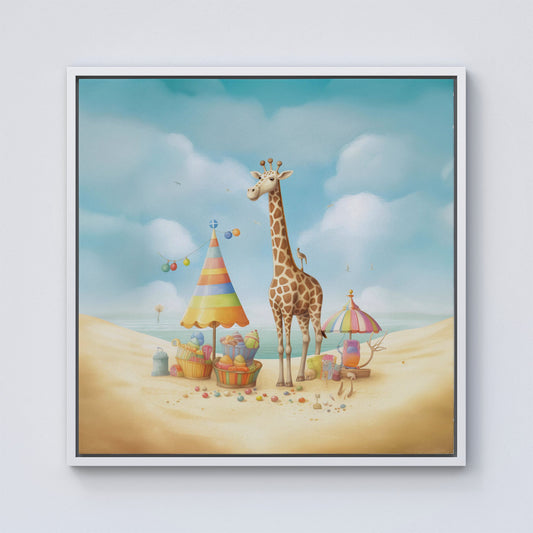 Giraffe On A Beach Holiday Framed Canvas