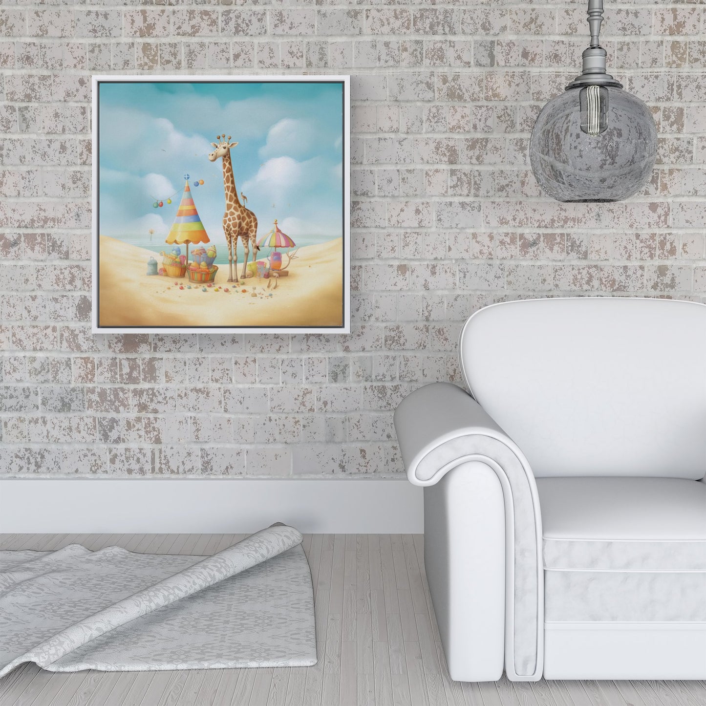 Giraffe On A Beach Holiday Framed Canvas