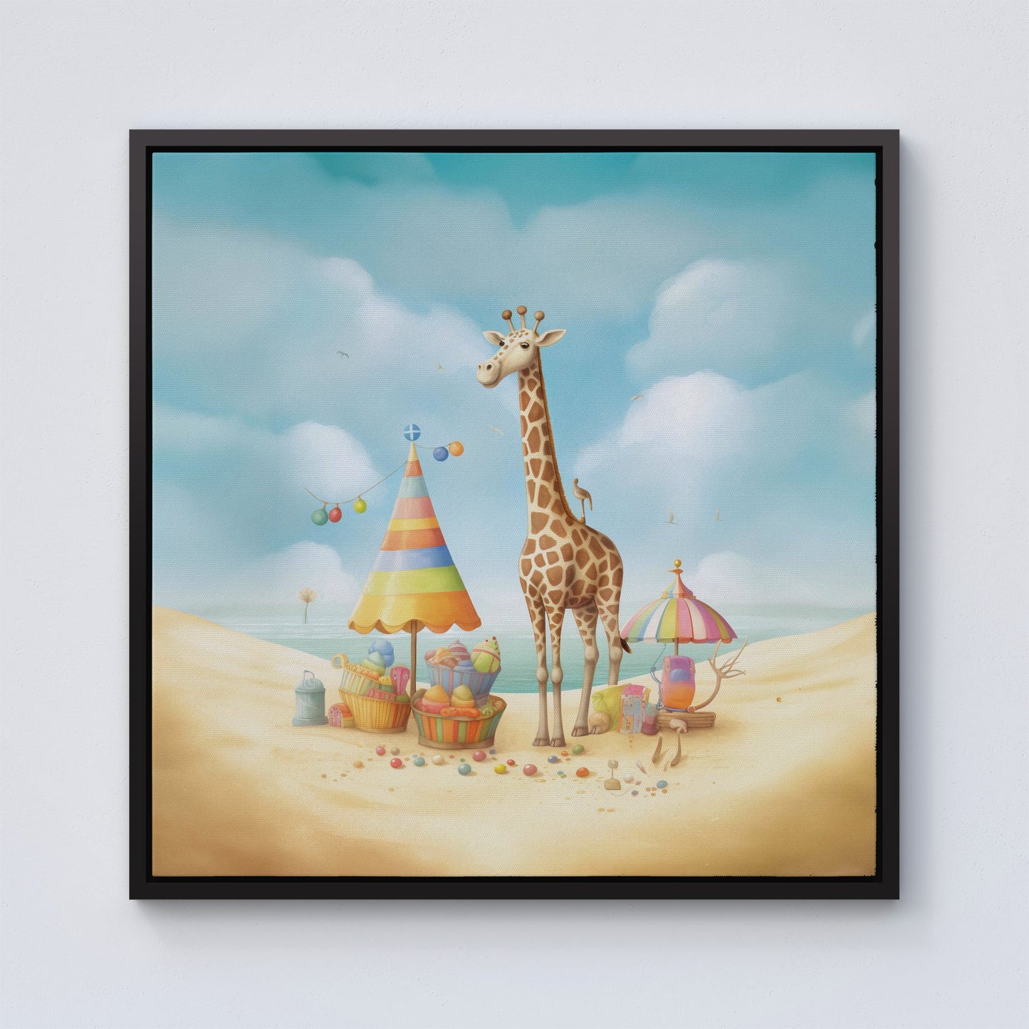 Giraffe On A Beach Holiday Framed Canvas