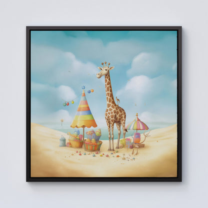 Giraffe On A Beach Holiday Framed Canvas