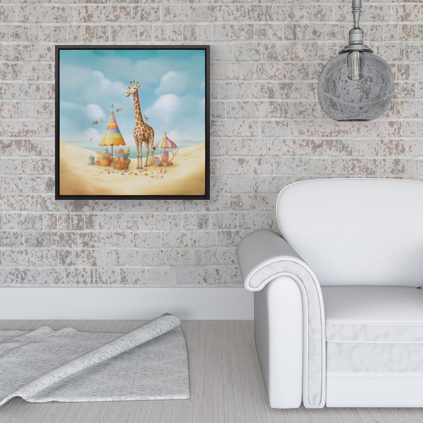 Giraffe On A Beach Holiday Framed Canvas