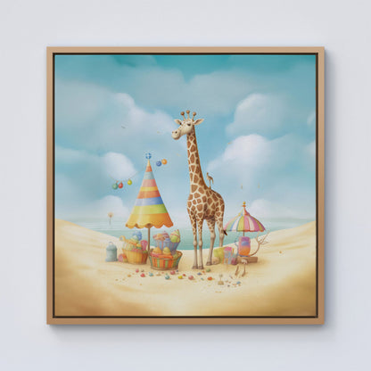 Giraffe On A Beach Holiday Framed Canvas