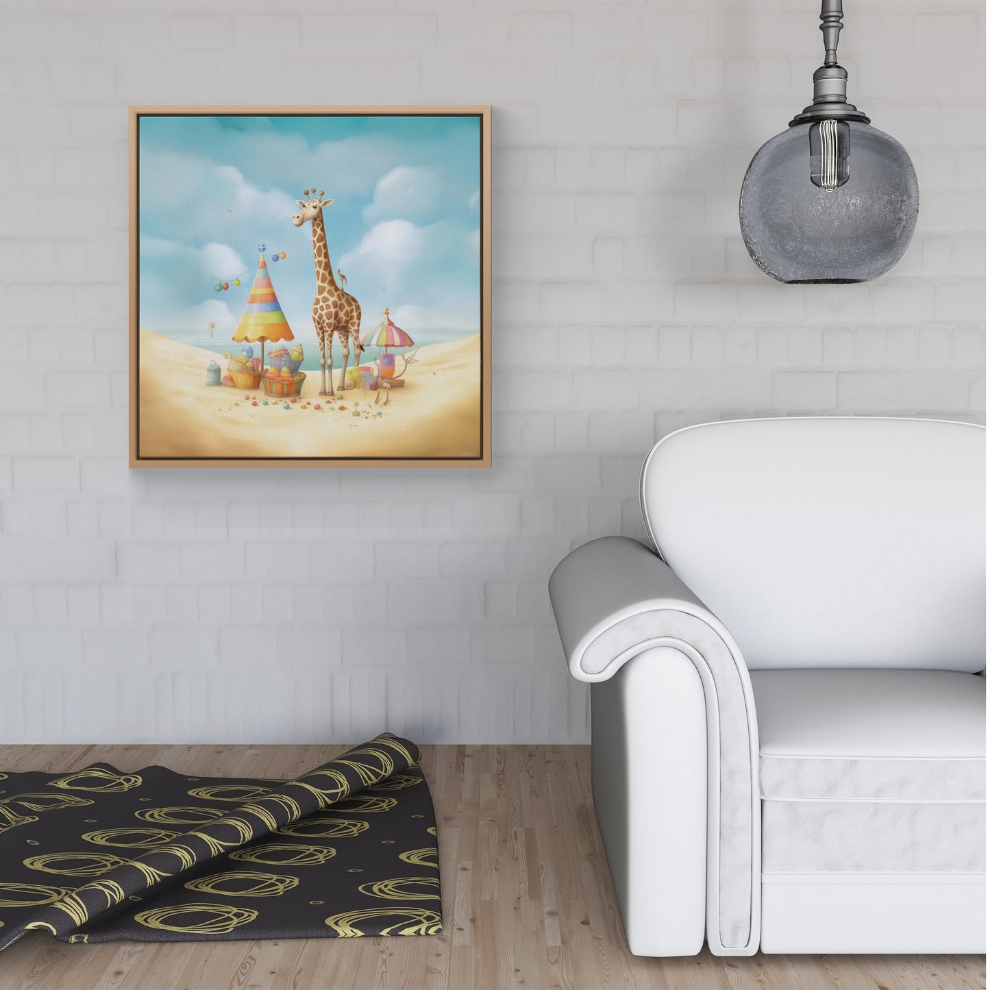 Giraffe On A Beach Holiday Framed Canvas