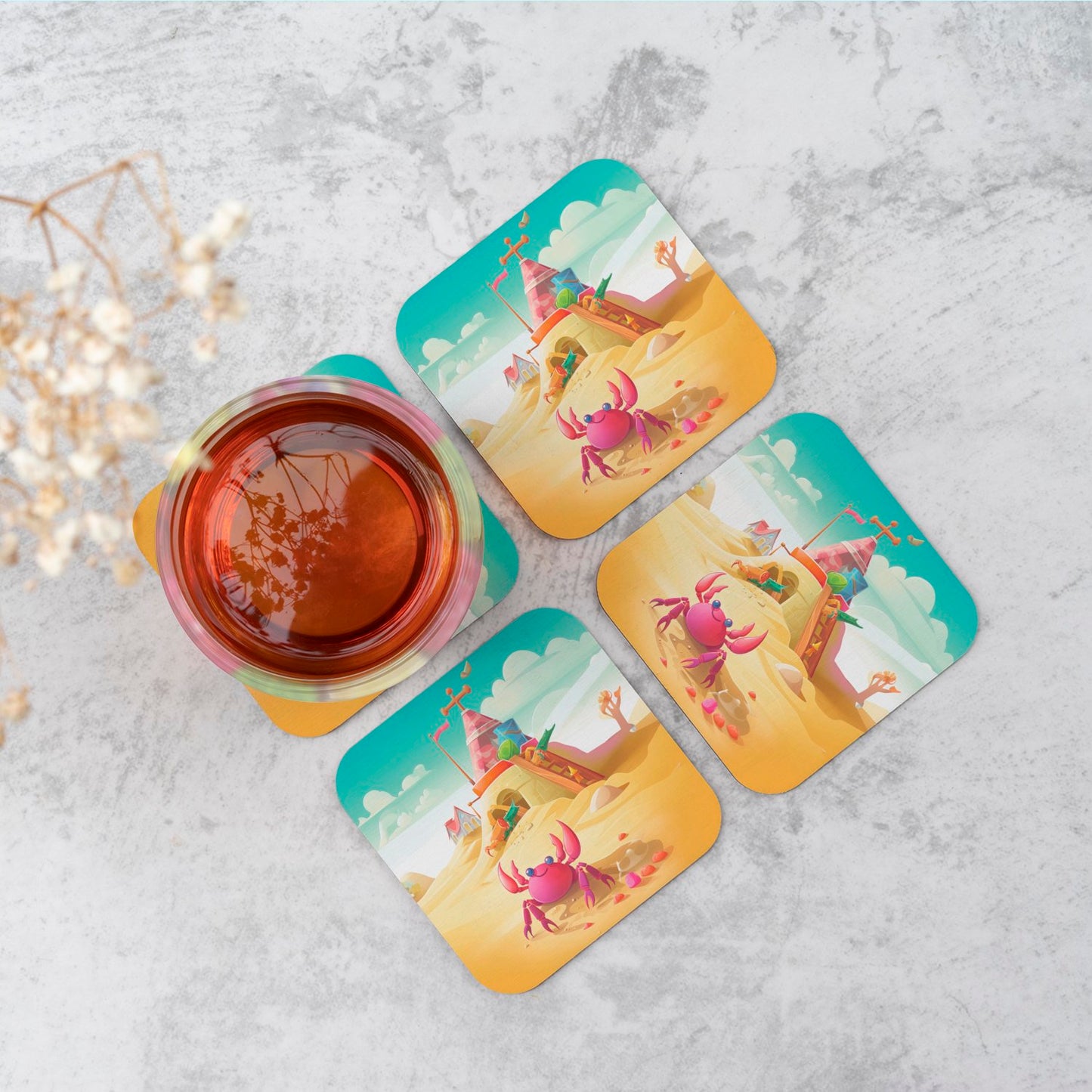 Pink Crab On A Beach Holiday Coasters