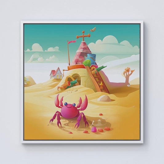 Pink Crab On A Beach Holiday Framed Canvas