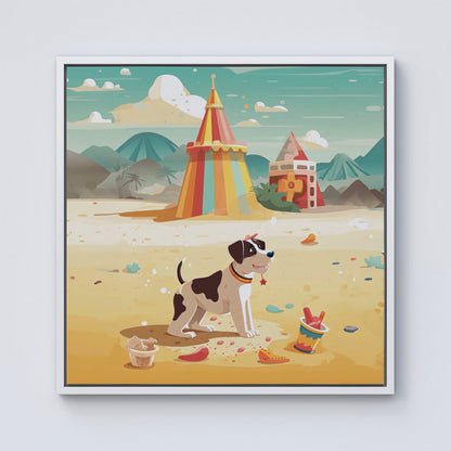 Doggy On A Beach Holiday Framed Canvas