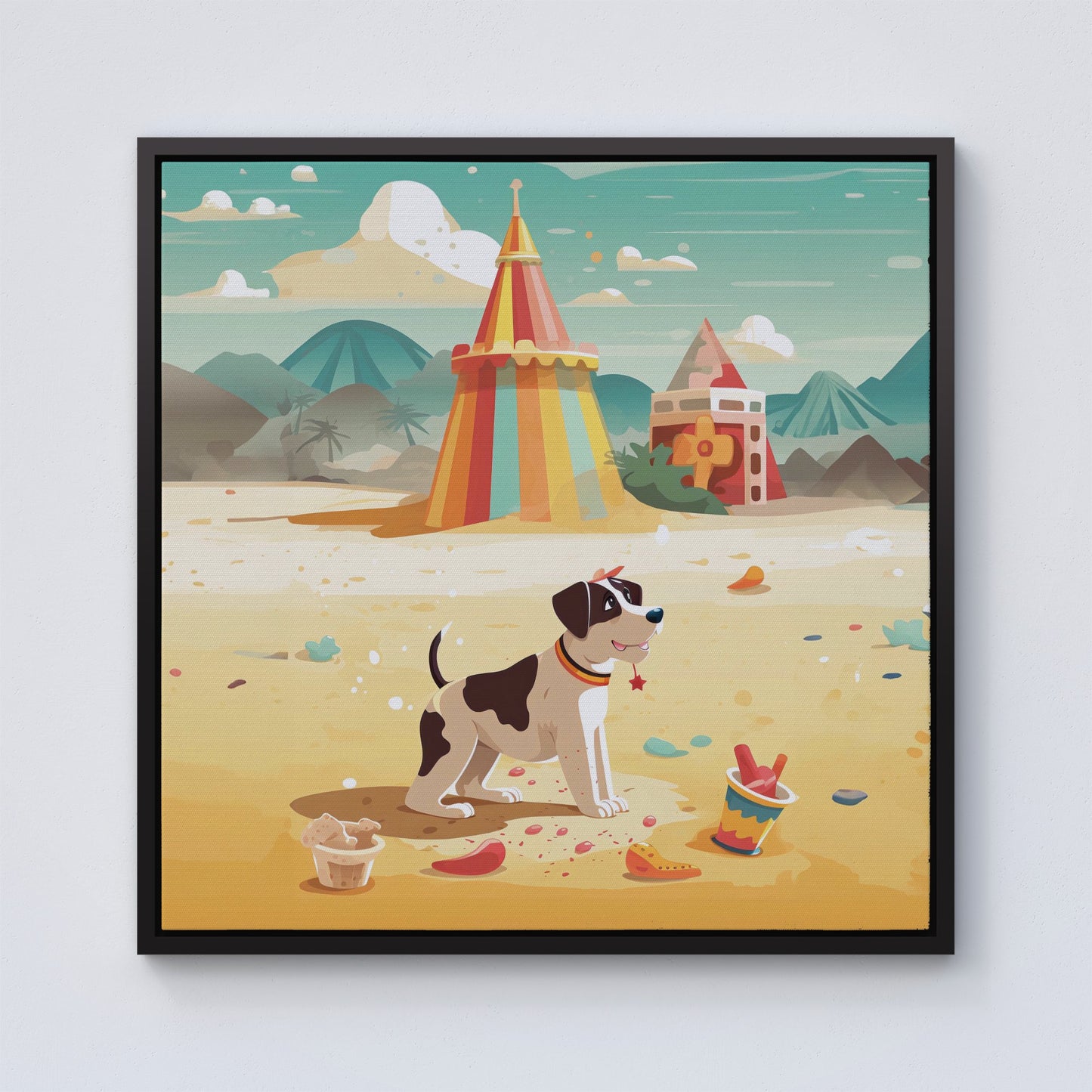 Doggy On A Beach Holiday Framed Canvas