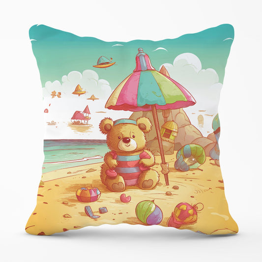 Teddy Bead On A Beach Holiday Outdoor Cushion