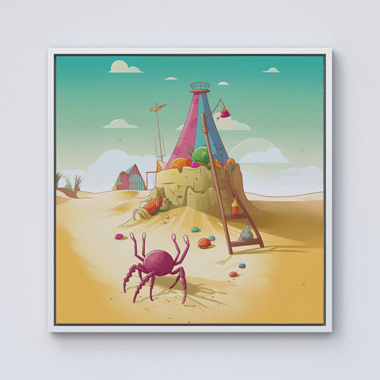 Crab On A Beach Holiday Framed Canvas