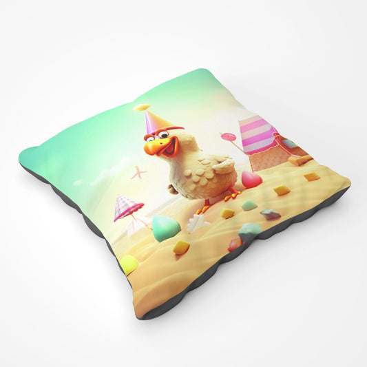 Funky Chicken On A Beach Holiday Floor Cushion