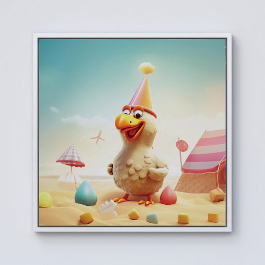 Funky Chicken On A Beach Holiday Framed Canvas