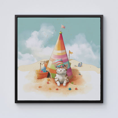 Cat On A Beach Holiday Framed Canvas