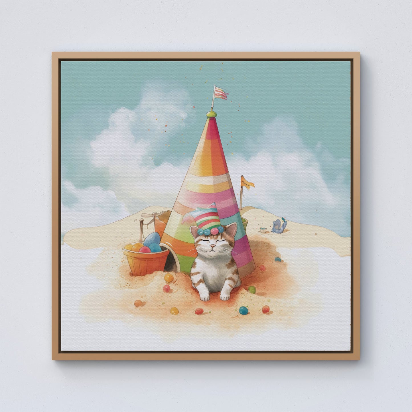 Cat On A Beach Holiday Framed Canvas