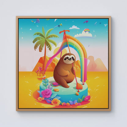 Sloth On A Beach Holiday Framed Canvas