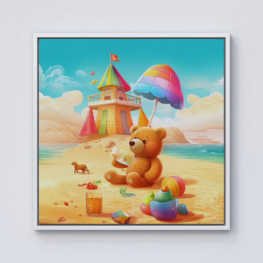 Bear On A Beach Holiday Framed Canvas