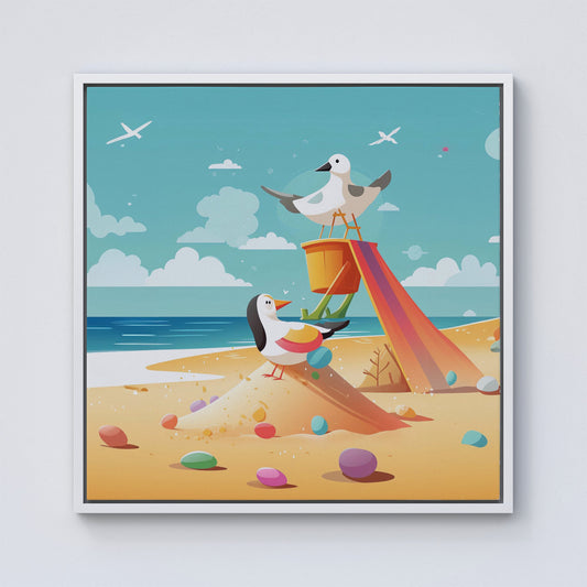 Seagulls On A Beach Holiday Framed Canvas