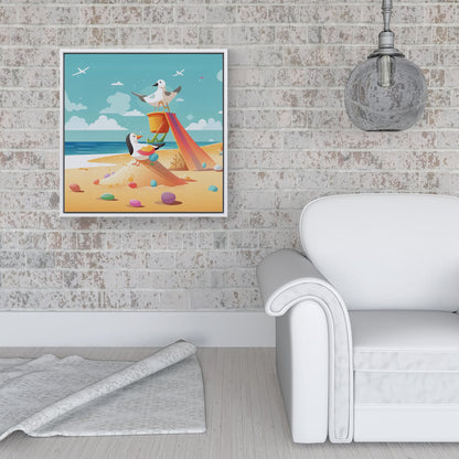 Seagulls On A Beach Holiday Framed Canvas