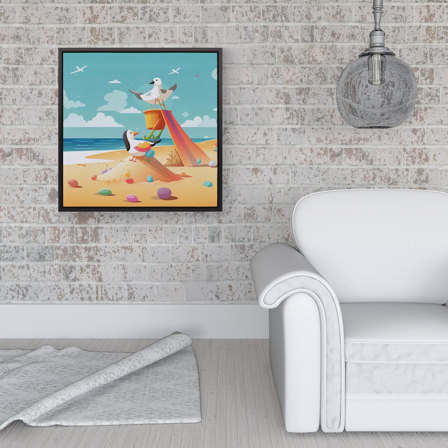 Seagulls On A Beach Holiday Framed Canvas