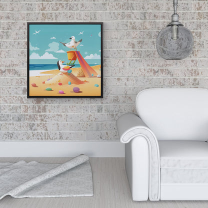 Seagulls On A Beach Holiday Framed Canvas