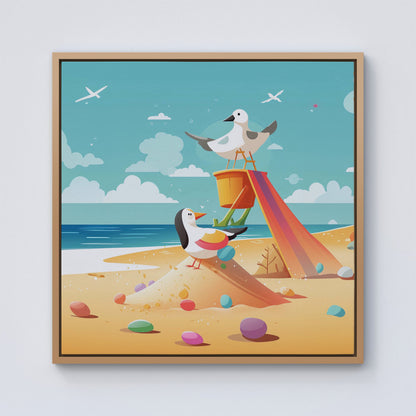 Seagulls On A Beach Holiday Framed Canvas