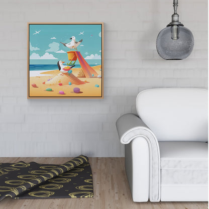 Seagulls On A Beach Holiday Framed Canvas