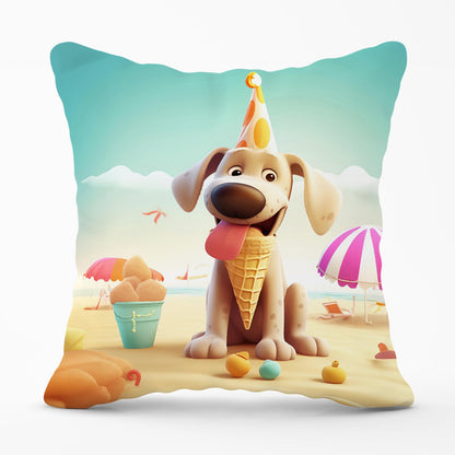 Dog On A Beach Holiday Outdoor Cushion