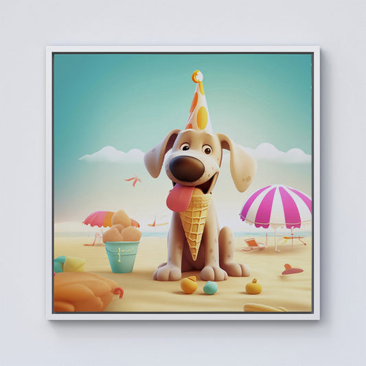 Dog On A Beach Holiday Framed Canvas