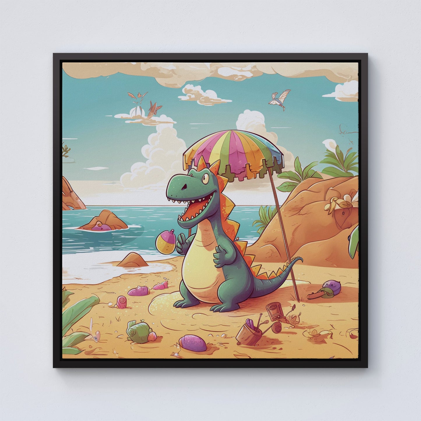 Dragon On A Beach Holiday Framed Canvas