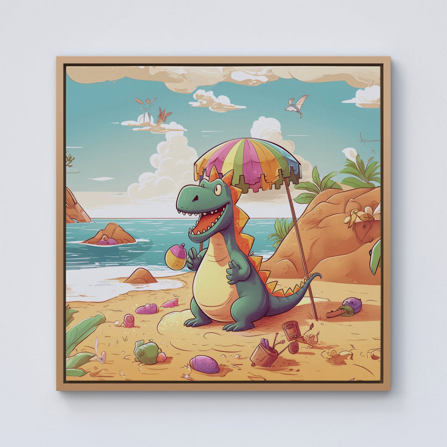 Dragon On A Beach Holiday Framed Canvas