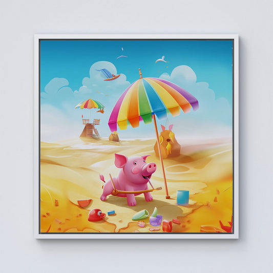 Pig On A Beach Holiday Framed Canvas