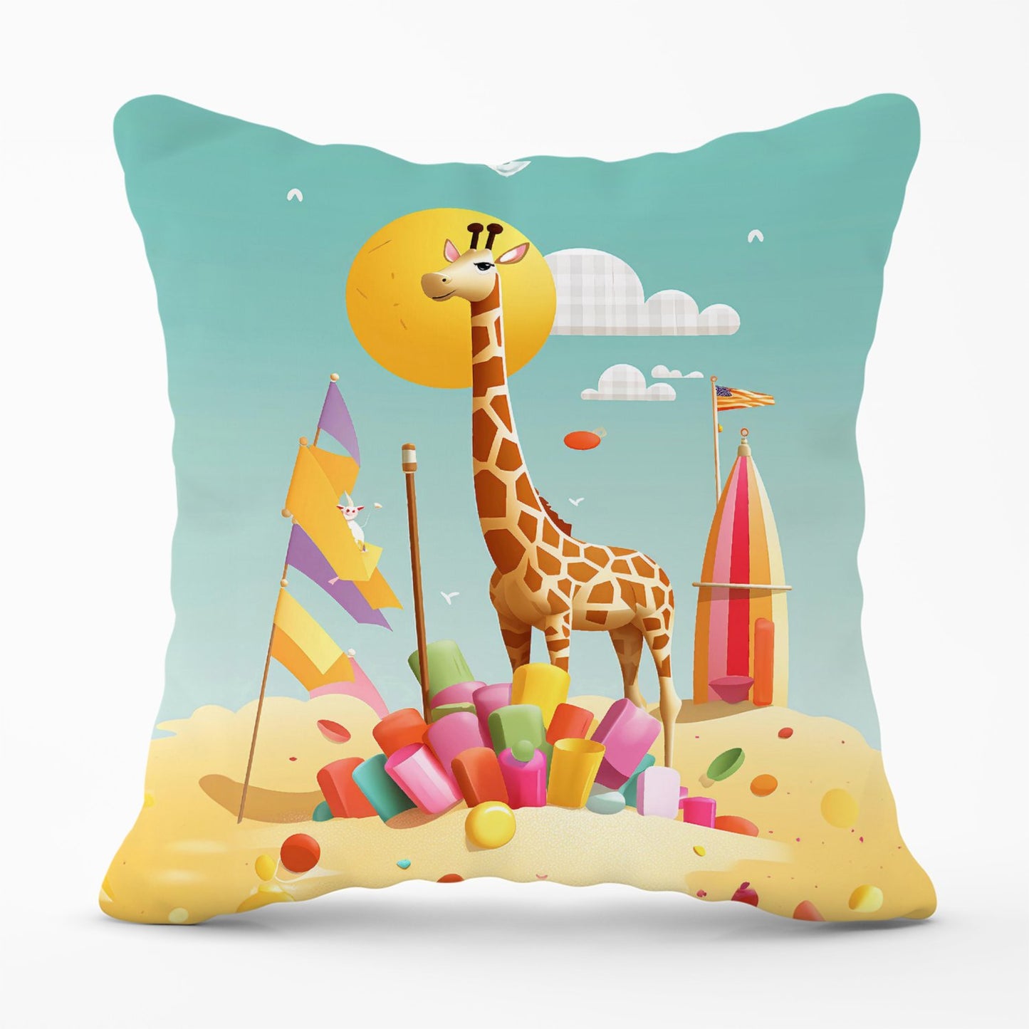 A Giraffe On A Beach Holiday Outdoor Cushion