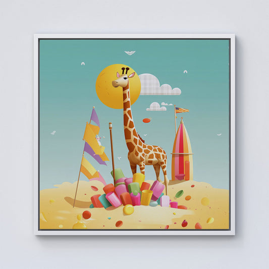 A Giraffe On A Beach Holiday Framed Canvas