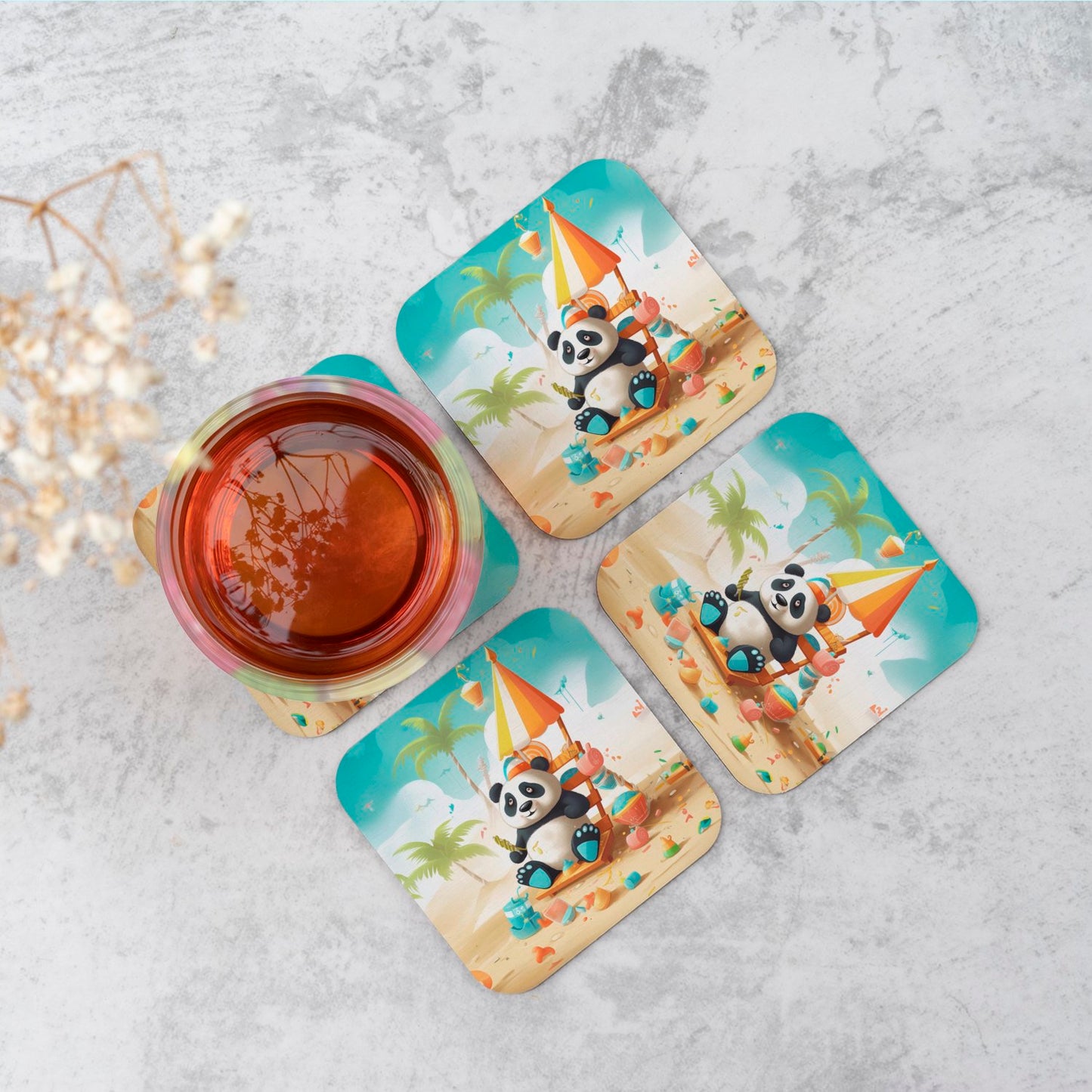 Happy Panda On A Beach Holiday Coasters