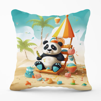 Happy Panda On A Beach Holiday Outdoor Cushion