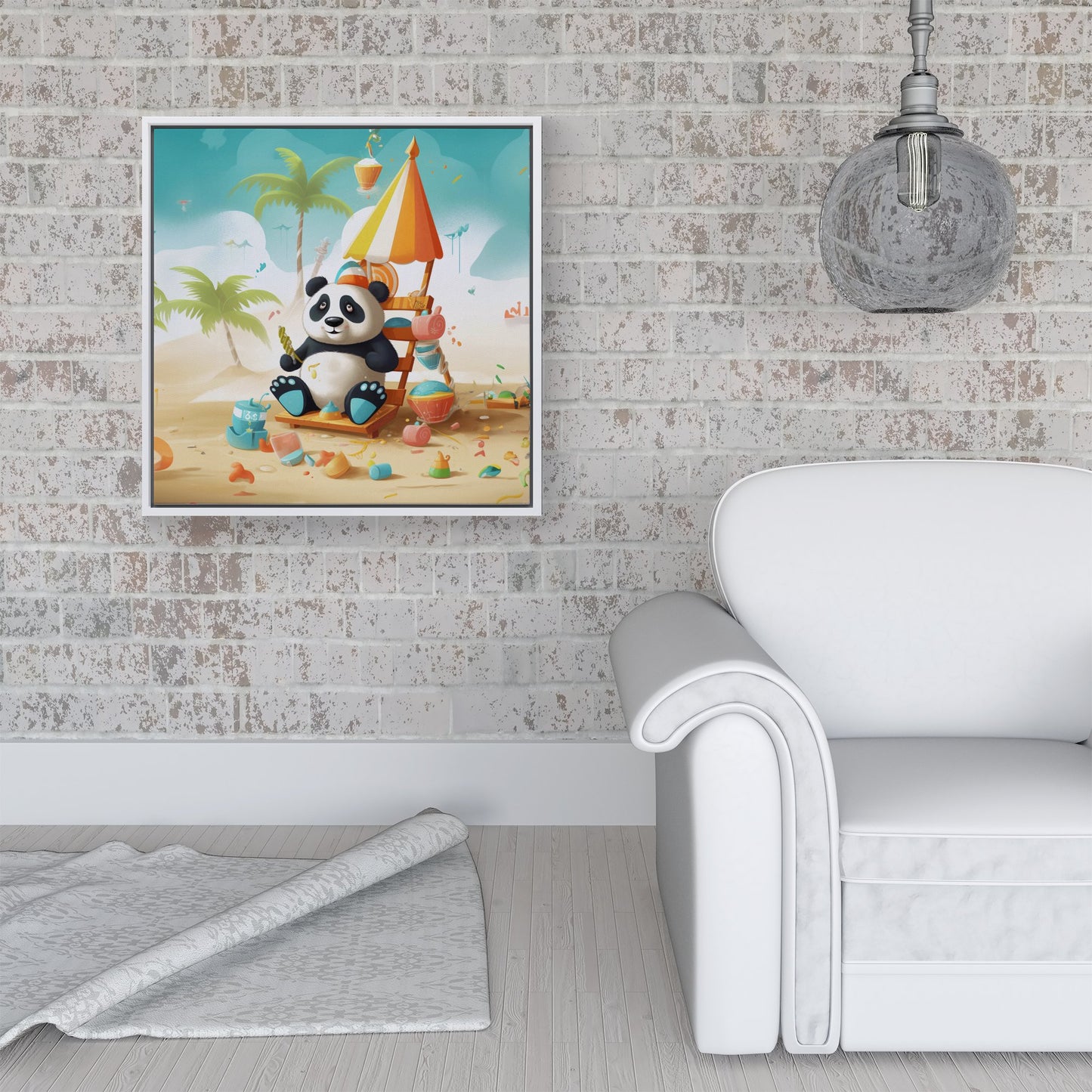 Happy Panda On A Beach Holiday Framed Canvas