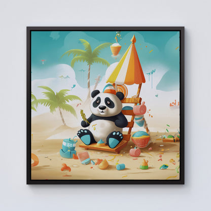 Happy Panda On A Beach Holiday Framed Canvas