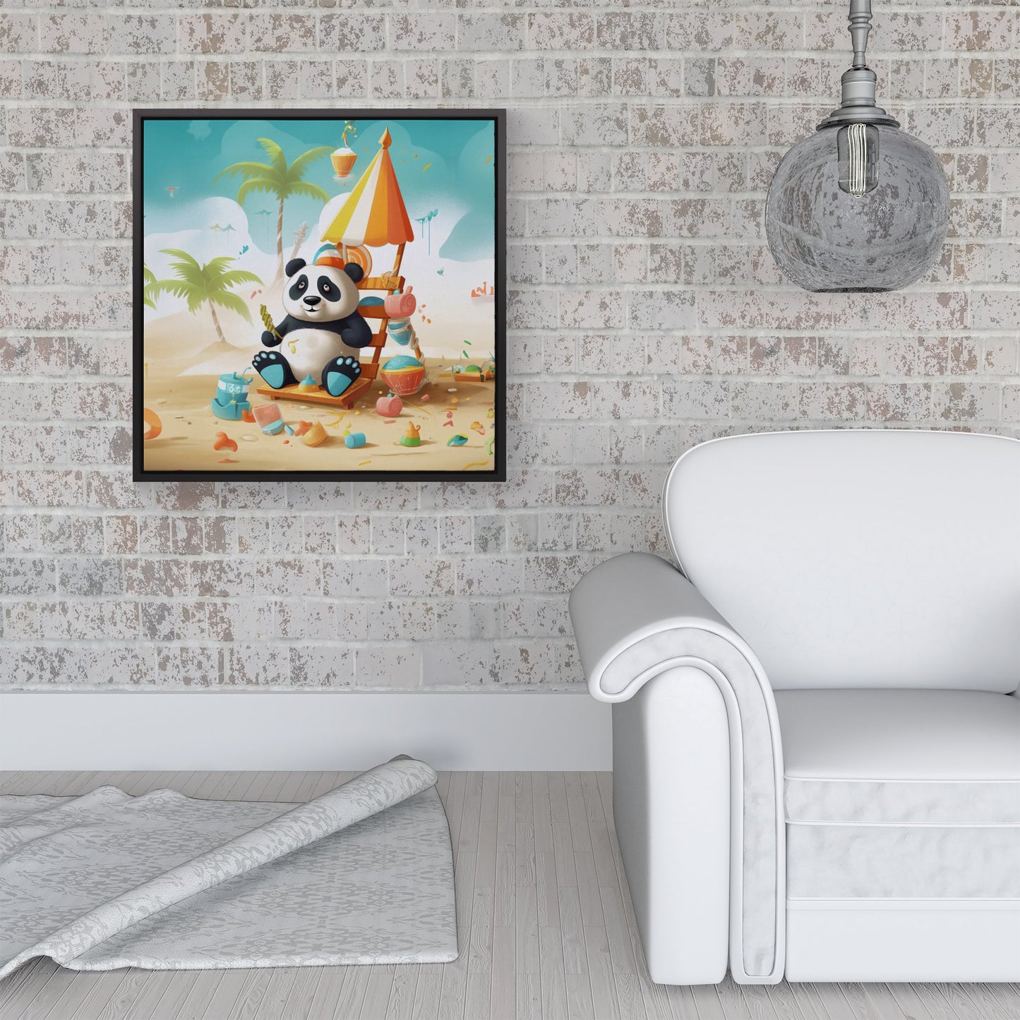 Happy Panda On A Beach Holiday Framed Canvas