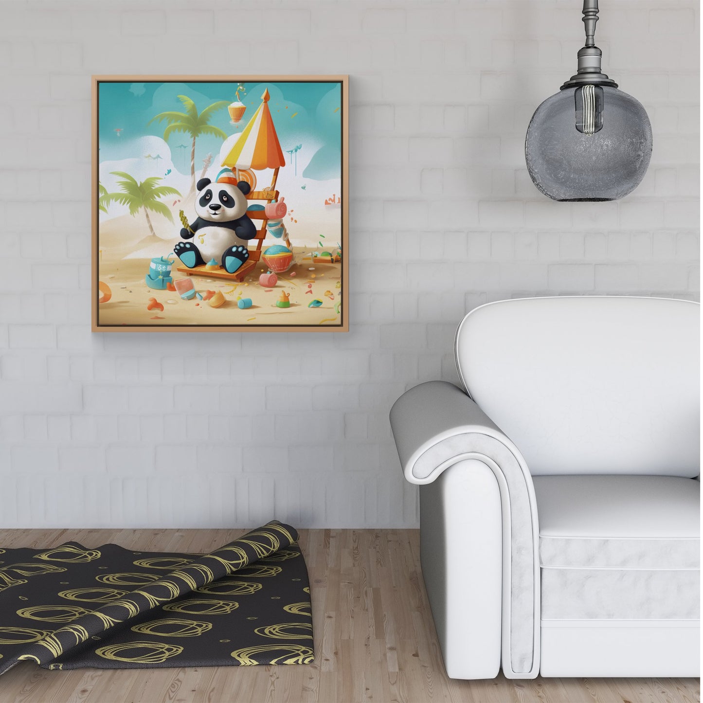 Happy Panda On A Beach Holiday Framed Canvas