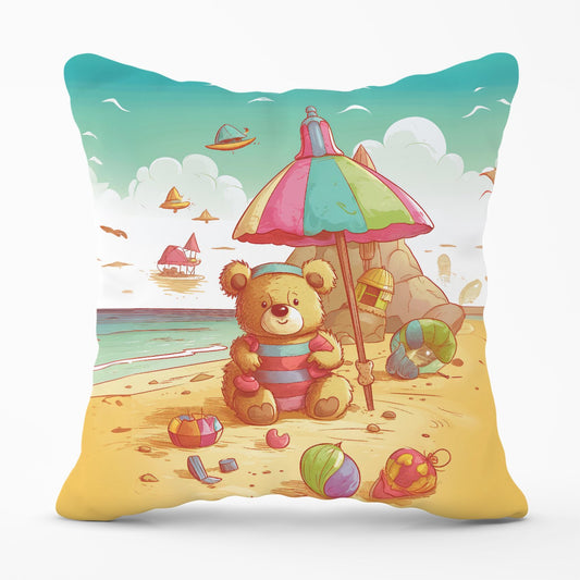 Lucky Teddy Bear On A Beach Holiday Outdoor Cushion