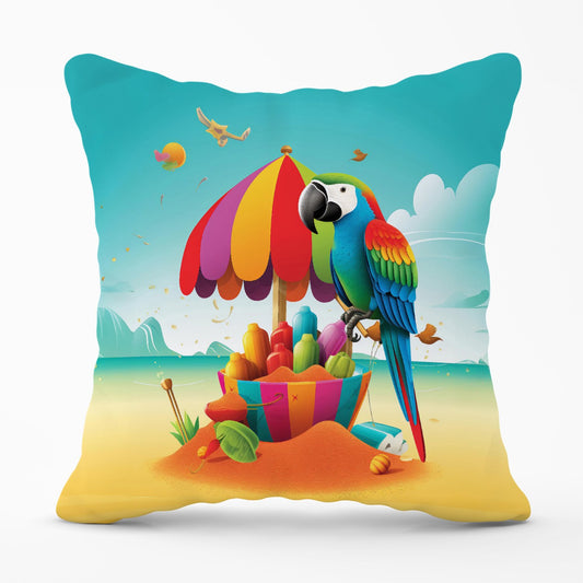 Parrot On A Beach Holiday Outdoor Cushion