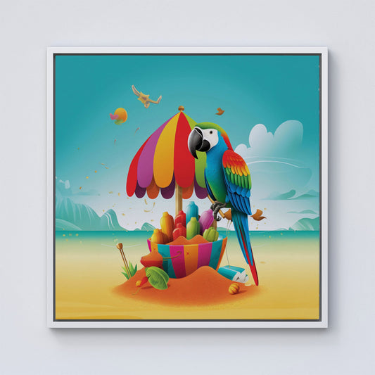 Parrot On A Beach Holiday Framed Canvas